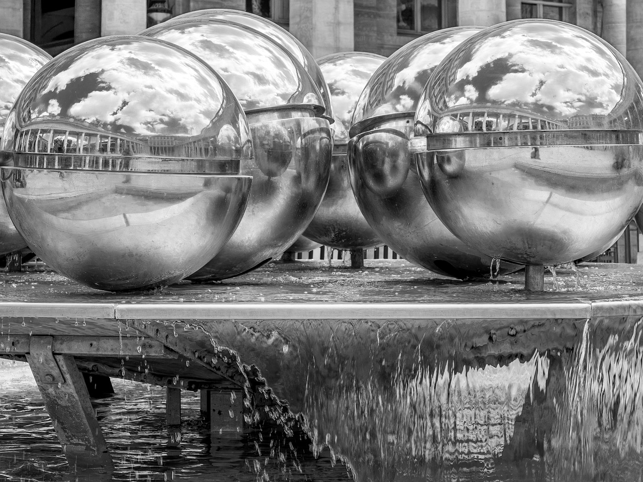 services-02 balls, metal ball, metal, fountain, reflection, architecture, decoration, water feature, black-and-white, metal, metal, metal, metal, metal, architecture, architecture, black-and-white